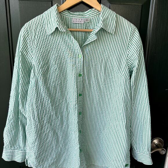 Joan Rivers Sz S Green & White Seersucker Button Front Shirt Shacket Preppy QVC - Picture 1 of 7